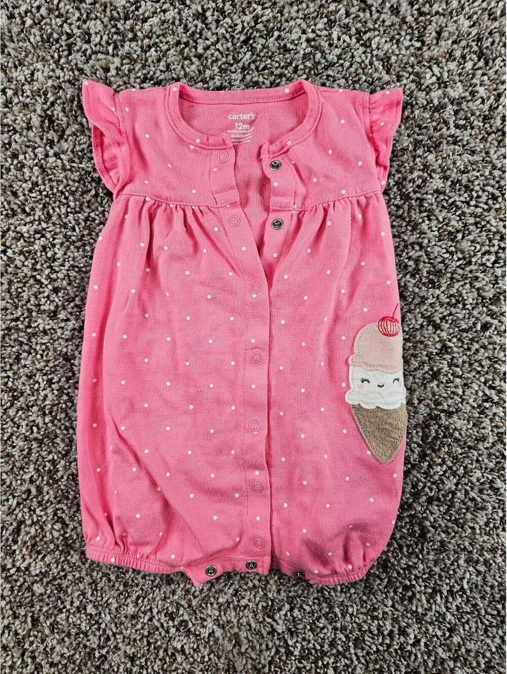 Carters Baby Girls Sz 12M Short Sleeve Romper Pink Ice Cream Cone Polka Dot